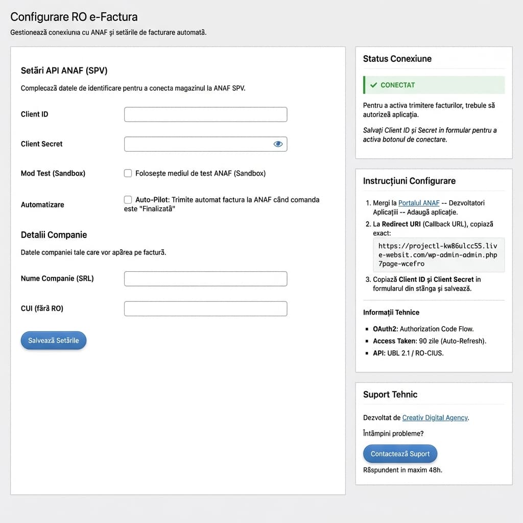 Interfață Plugin e-Factura WooCommerce