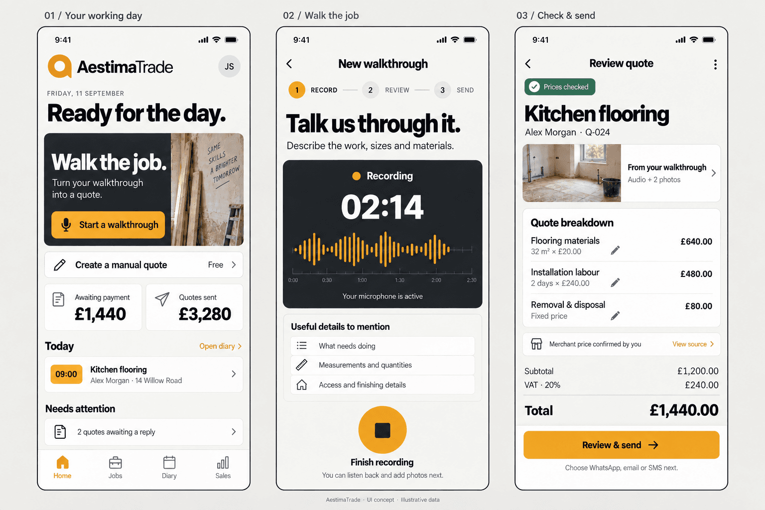 AestimaTrade app interface concepts: audio walkthrough recording, itemized material pricing from merchants, and customer acceptance quote