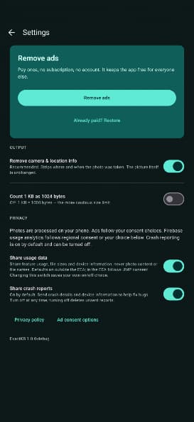ExactKB privacy settings and metadata removal