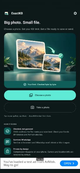 ExactKB photo selection and target size screen
