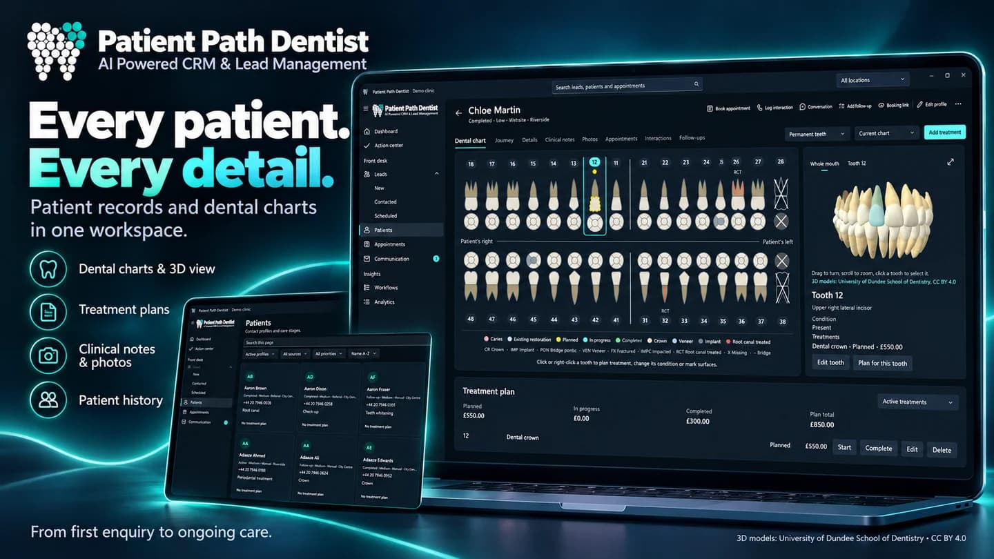 Prezentare PatientPath — dosare de pacienți, odontogramă și vedere 3D