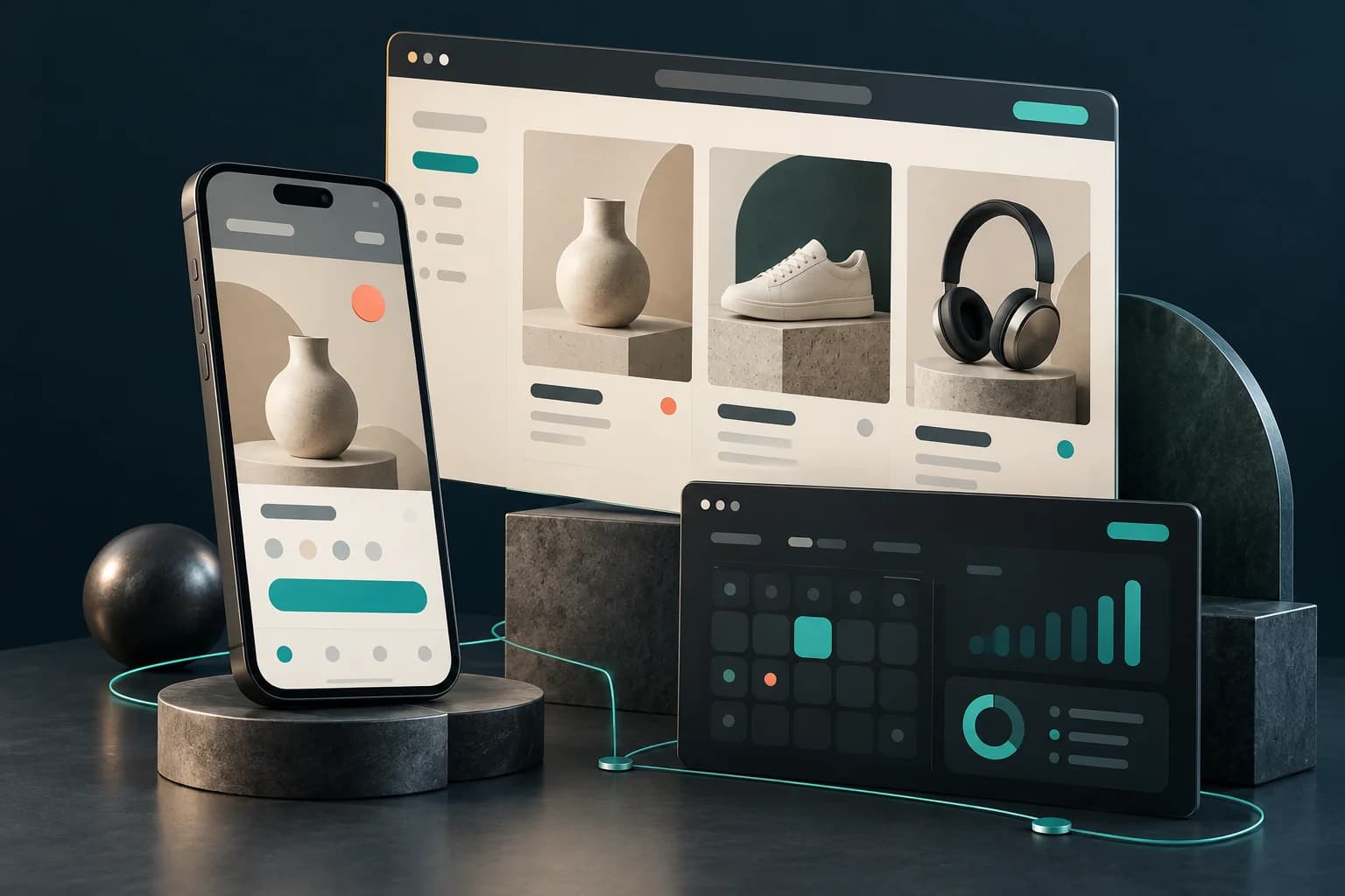 Concept illustration of a mobile app, online store and business dashboard