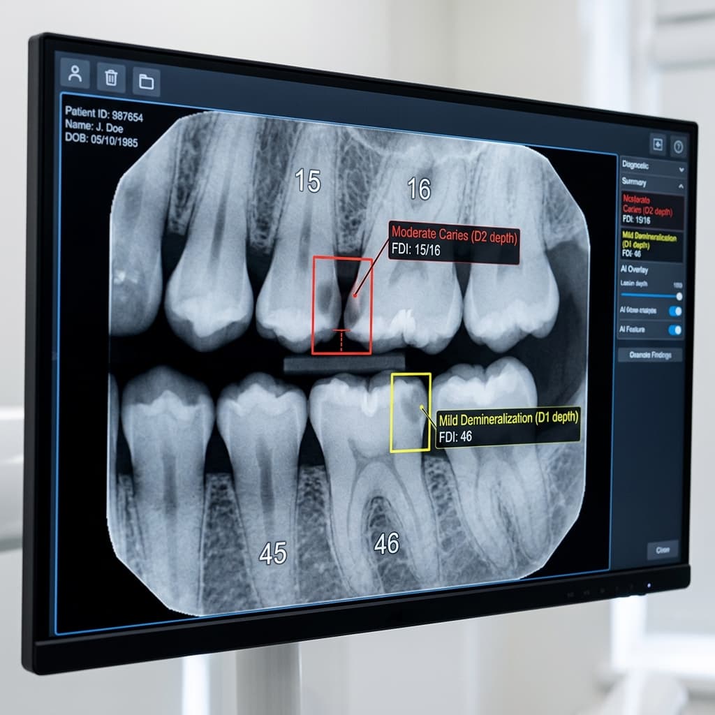 Detecție AI carii pe radiografie bitewing cu severitate D1 și D2
