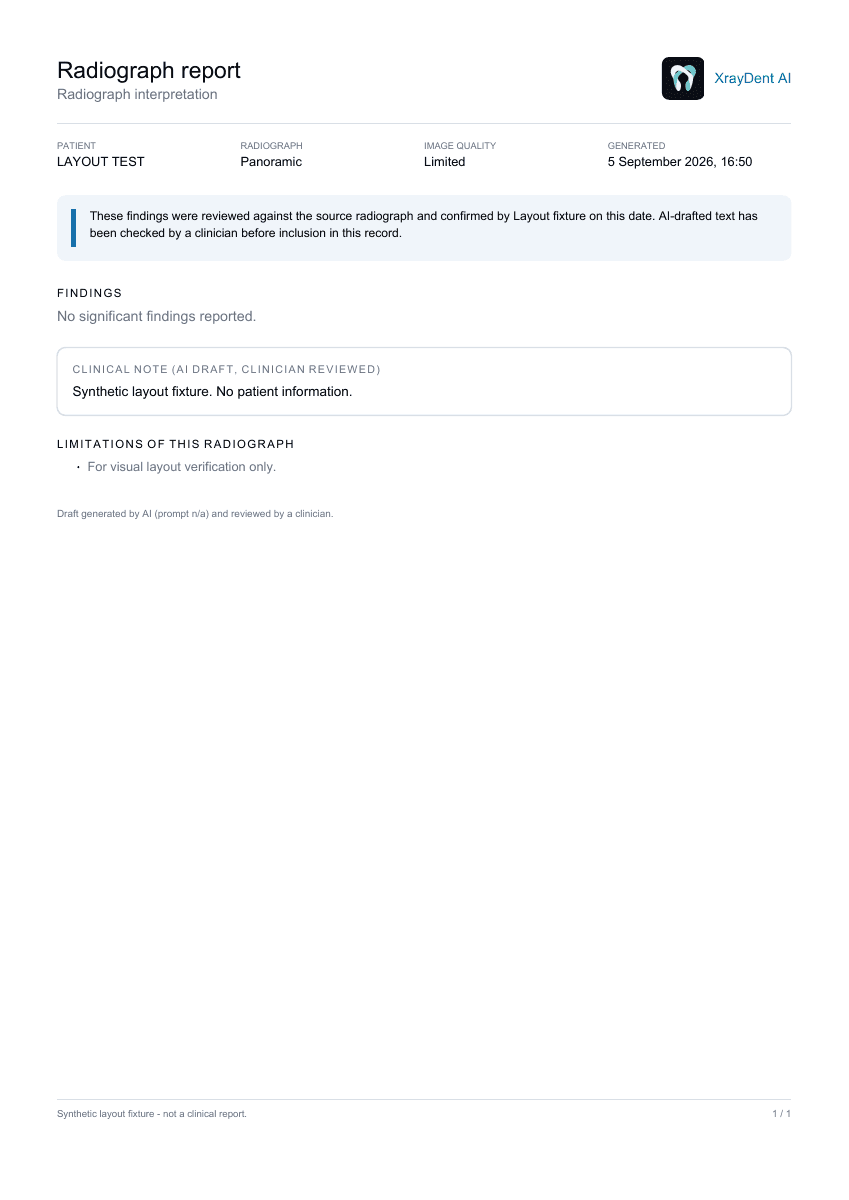Exemplu de raport clinic generat și export PDF XrayDent AI
