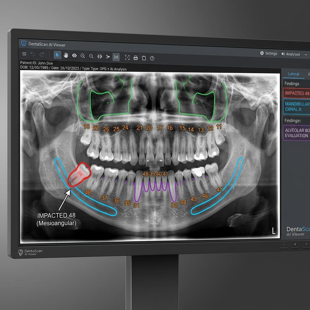 Analiză AI pe radiografie panoramică OPG cu numerotare dinți FDI