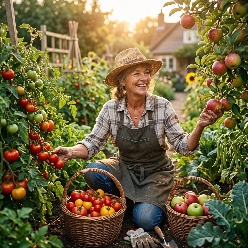Fermier in gradina culegand mere si rosii